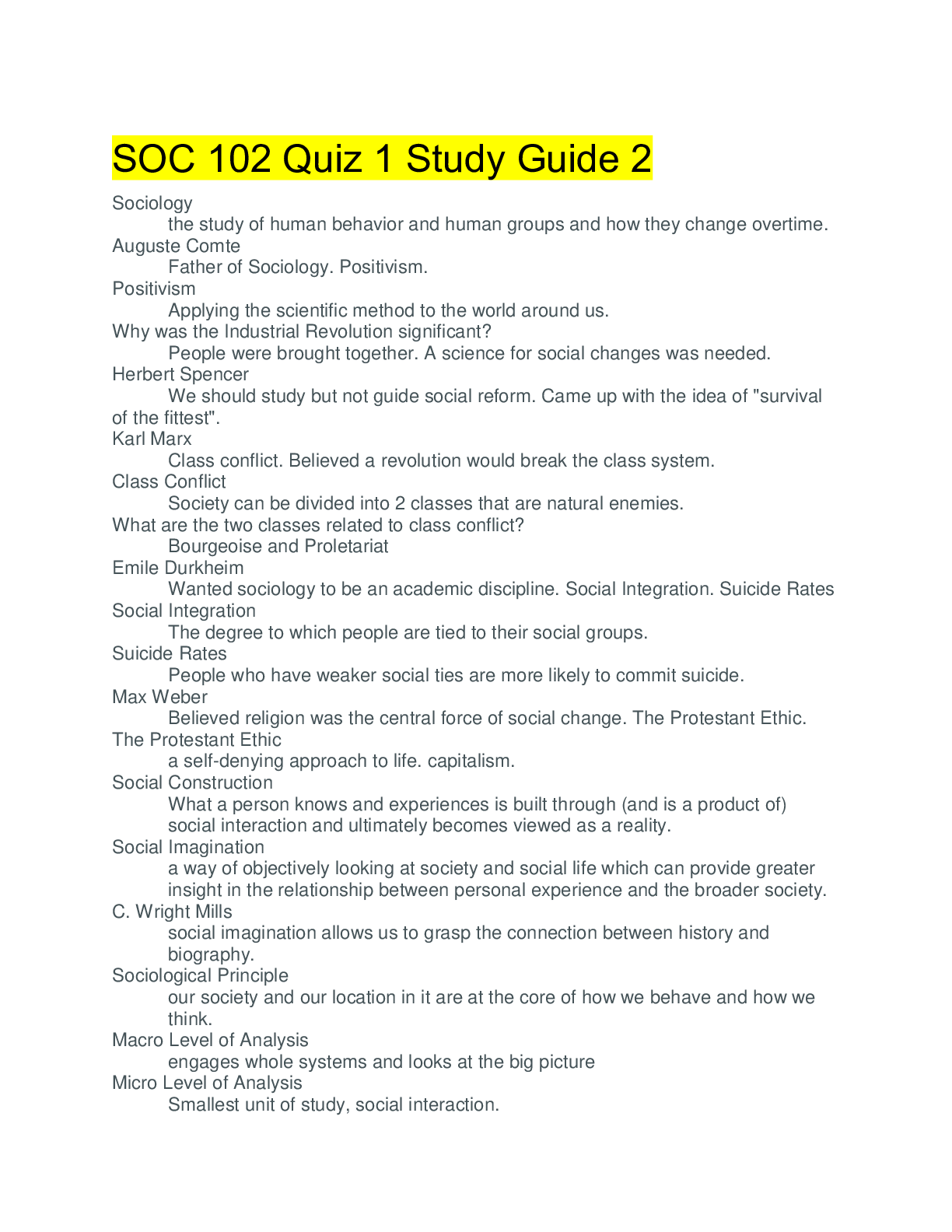 Preview of SOC 102 Quiz 1 Study Guide 2